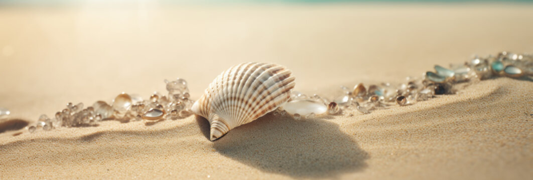 Many pearly seashell and natural pearls on a sandy beach. Close-up of animal shells on a beautiful coastline. Ai generative.