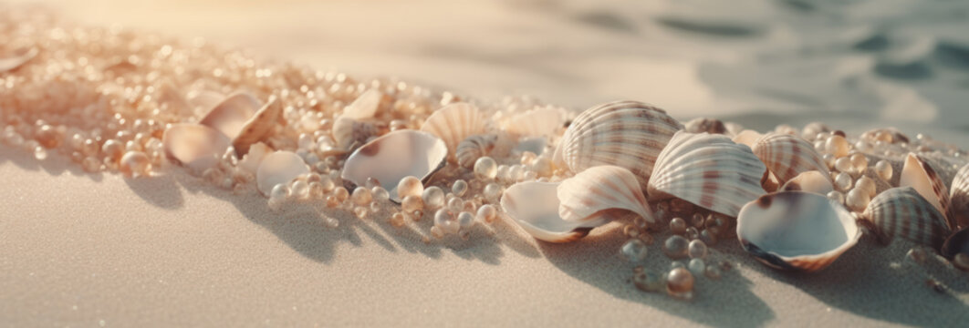 Many pearly seashells and natural pearls scattered on a sandy beach, capturing the beauty of nature. Ai generative.