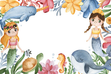 Watercolor frame border with seaweeds,sea creatures,little mermaids and corals.Underwater collection.Perfect for baby shower,wedding,greeting cards,nursery,invitations,birthday,party,wedding