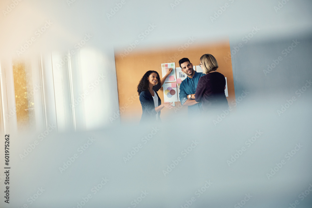 Sticker Presentation wall, manager and team explain creative design ideas, entrepreneurship plan or research report to CEO. Group teamwork, planning meeting and business woman listening to proposal idea