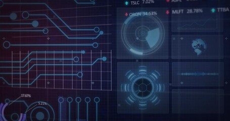 Animation of interface with microprocessor connections, statistical and stock market data processing - Powered by Adobe