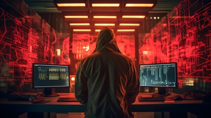 Obraz premium Hacker orchestrating a data breach attack from an underground secret location, surrounded by a network of displays and cables. 