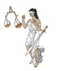 goddess of justice, sword and scales, color illustration