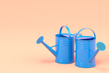 Set of watering cans on orange background. 3d render of gardening equipment tool