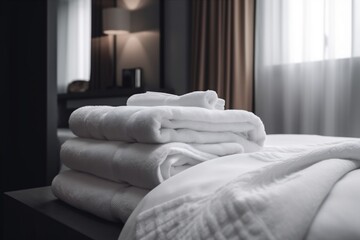 Fototapeta na wymiar towel white fresh resort luxury service bed hotel home room. Generative AI.