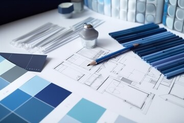 interior business sample design project designer selection swatch palette choice color. Generative AI.