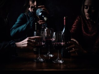 A dramatic and moody portrayal of a group of friends sharing a bottle of red wine together. Generative AI
