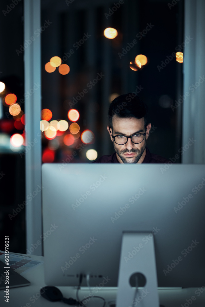 Aufkleber Night, computer and serious business man in office for internet code, coding or software development. Technology, cloud computing and cyber security with male programmer for app, developer and it