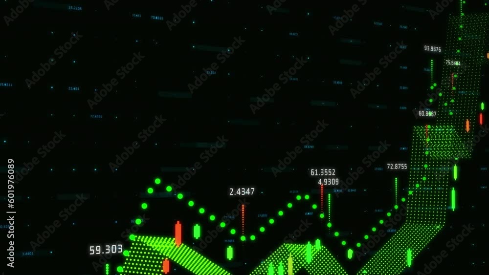 Poster animation of financial data processing against black background