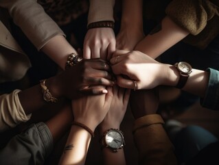 A dynamic composition capturing the energy and excitement of a group of multiracial friends stacking hands. Generative AI