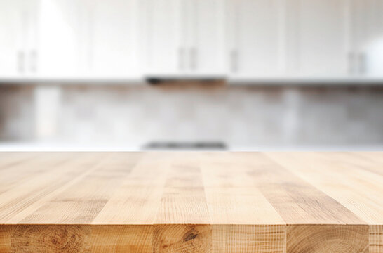AI generative. Empty wooden table in front of blurred kitchen background