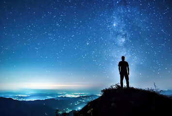Fototapeta na wymiar AI generative. A man standing on top of a mountain. Back view.