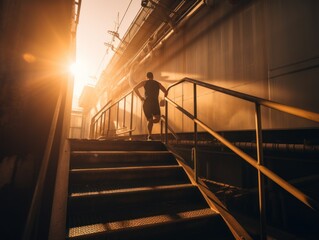 Backlit shot of a jogger running down the metal stairs of an industrial site, with golden hour lighting creating a warm glow and lens flares adding a touch of whimsy. Generative AI