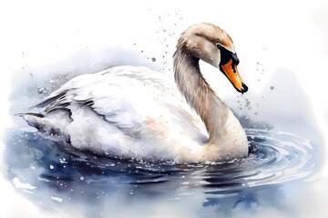 Swan on the Water, Watercolor Painting, Realistic. Generative AI