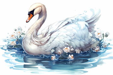 Swan Illustration in Anime Style, Swan in the Pond with Flowers. Generative AI