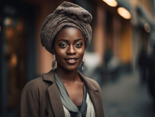 Fototapeta premium Portrait of a radiant African woman with a megawatt smile, standing confidently in front of an urban skyline. Generative AI