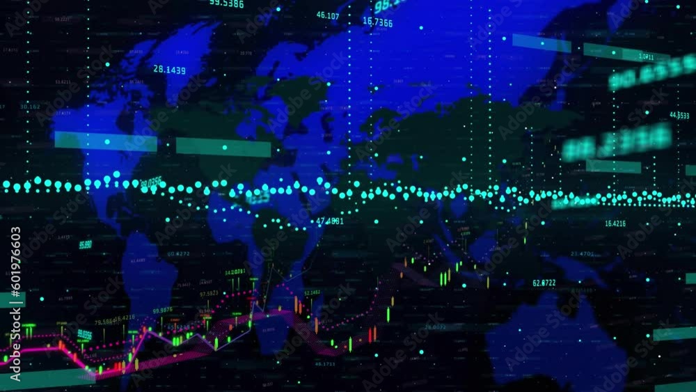 Poster Animation of financial data processing over world map against black background
