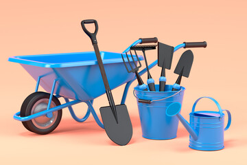 Fototapeta premium Garden wheelbarrow with garden tools like shovel, rake and fork on orange