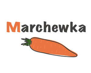 Polish alphabet with a picture of a carrot. Translation from Polish: carrots. vector cartoon hand drawn illustration