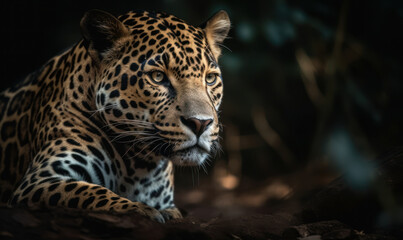 Photo of jaguar crouched & ready to pounce with intense focus. lighting highlighting jaguar's muscular form and sleek coat showcasing the raw power & beauty of this majestic predator. Generative AI