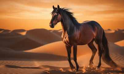 Photo of horse, a majestic Arabian breed standing tall and proud in the shimmering desert sand dunes and a breathtaking sunset. Generative AI - obrazy, fototapety, plakaty