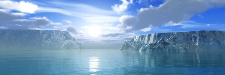 Fototapeta na wymiar Arctic landscape, sunset among icebergs, ice in the ocean, 3d rendering