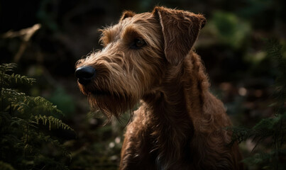 close up photo of Irish terrier on blurry forest background. Generative AI
