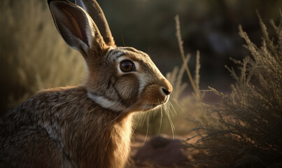 Fototapeta premium close up photo of jackrabbit on bluury background of its natural habitat. Generative AI