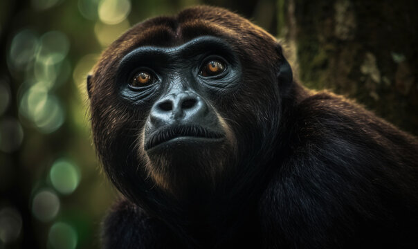 Photo of howler monkey, poised atop a towering tree in a dense rainforest. image captures monkey's thick fur, expressive eyes, and muscular physique. Generative AI