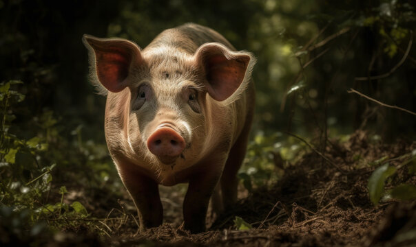 photo of Hampshire pig in its natural habitat. Generative AI