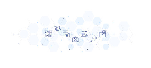 Marketing banner vector illustration. Hexagon icon illustration. Containing content management, video, marketing, rocket, paid, analytics, video marketing.