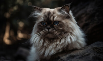 Naklejka na ściany i meble close up photo of Himalayan cat on blurry forest background. Generative AI