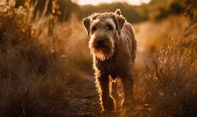 golden hour photo of Irish terrier in tall grass at sunset. Generative AI