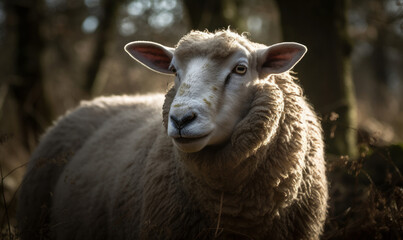 Fototapeta premium close up photo of Hampshire sheep on blurry forest background. Generative AI