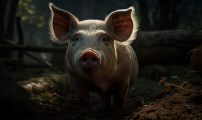Fototapeta premium close up photo of Hampshire pig on blurry forest background. Generative AI
