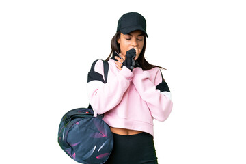Young sport African American woman with sport bag over isolated chroma key background is suffering with cough and feeling bad