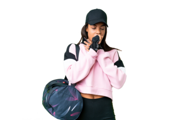 Young sport African American woman with sport bag over isolated chroma key background is suffering with cough and feeling bad