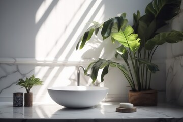 bathroom furniture sink green design clean leaf tropical home interior white. Generative AI.