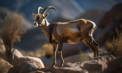 photo of ibex standing on rocky mountains. Generative AI