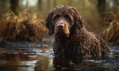 Fototapeta premium photo of Irish water spaniel standing in water with forest background. Generative AI