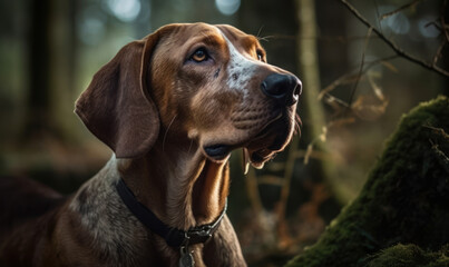 close up photo of hound on blurry forest background. Generative AI - obrazy, fototapety, plakaty