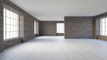 Empty spacious room interior with rought grey brick wall, white wooden floor and big windows. Living room or office empty space, mock up template for product display