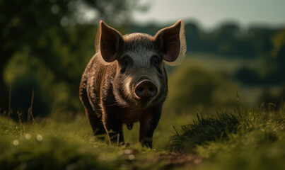Majestic Hampshire pig surrounded by rolling green hills & grazing on lush grass. image highlights pig's muscular build & iconic coloring & shows detail of it's fur & rugged features. Generative AI