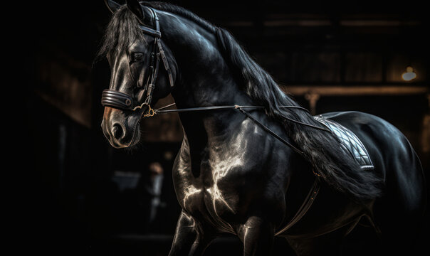 Hackney show horse, captured in a classic driving competition, showcasing its striking presence, elegant gait, and refined form. image captures the grace and power of this iconic breed. Generative AI