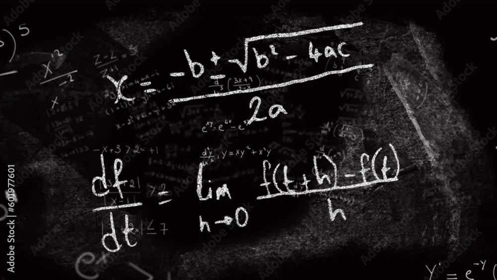 Poster animation of mathematical equations and formulas floating against black chalkboard background