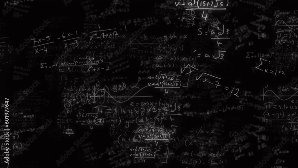 Poster animation of light spots over mathematical equations and formulas floating against black background