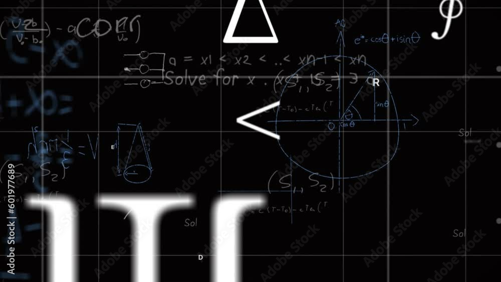Poster animation of mathematical equations and symbols floating over grid network against black background