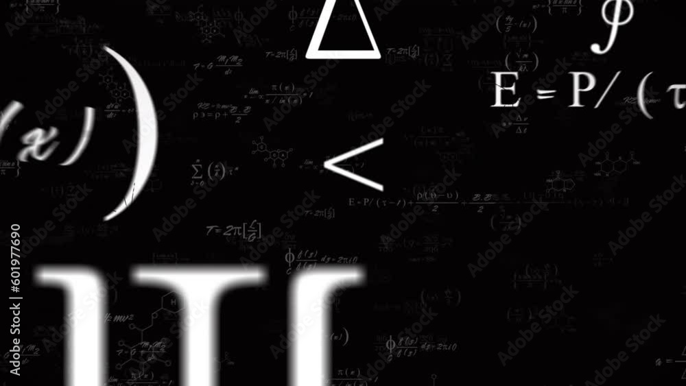Poster animation of mathematical equations and symbols floating over grid network against black background