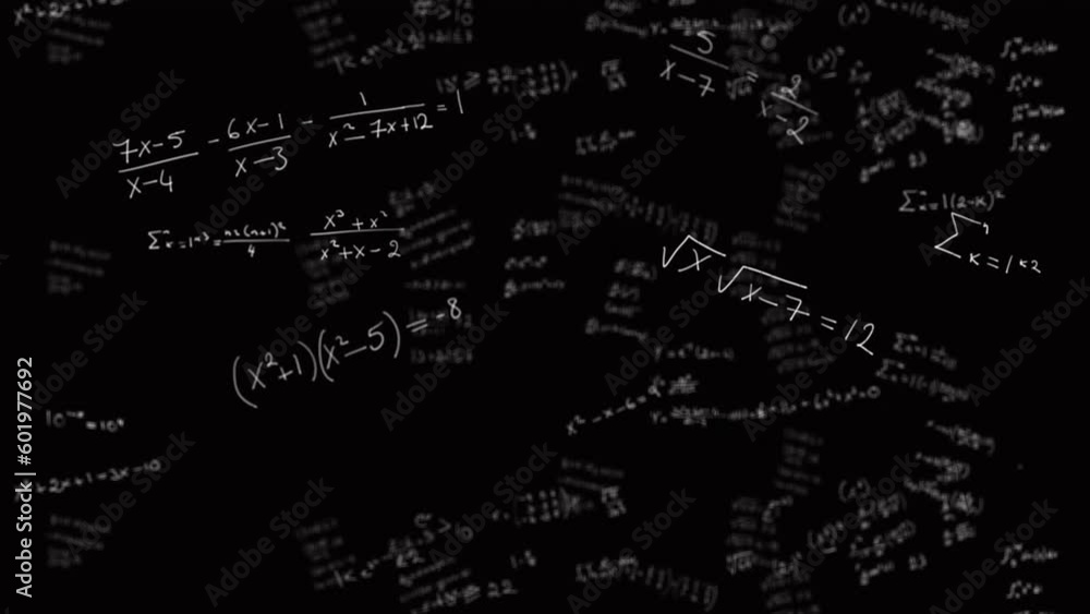 Poster animation of mathematical equations, diagrams and formulas floating against black background