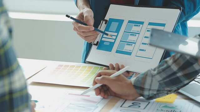 ux Graphic designer creative sketch planning application process development prototype wireframe for web mobile phone . User experience concept.